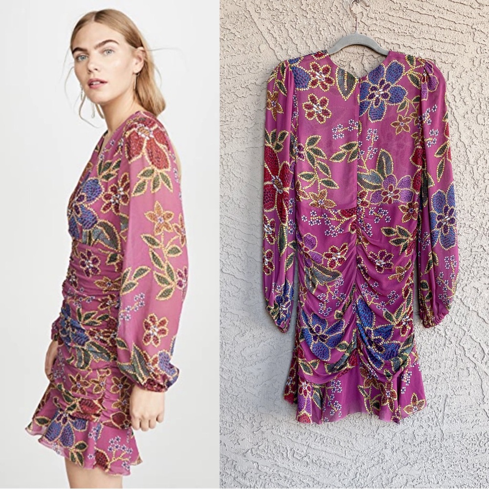 FARM RIO Mauve Pink Blue Floral Long Sleeve Plunging V Ruched Ruffle Mini Dress - Picture 7 of 17